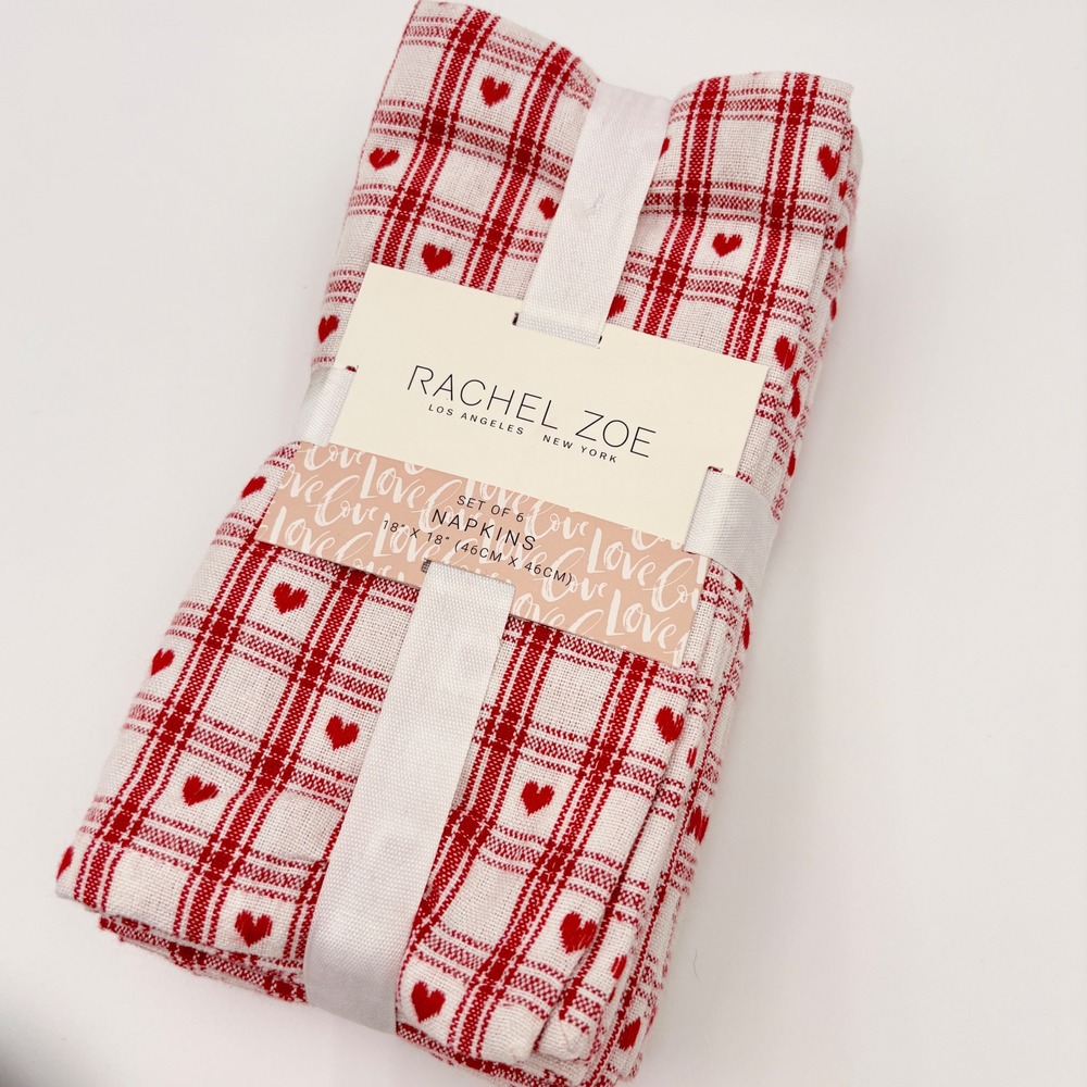 Rachel Zoe Red White Plaid Heart Napkins Set of 6 Valentine's Day 18x18 New